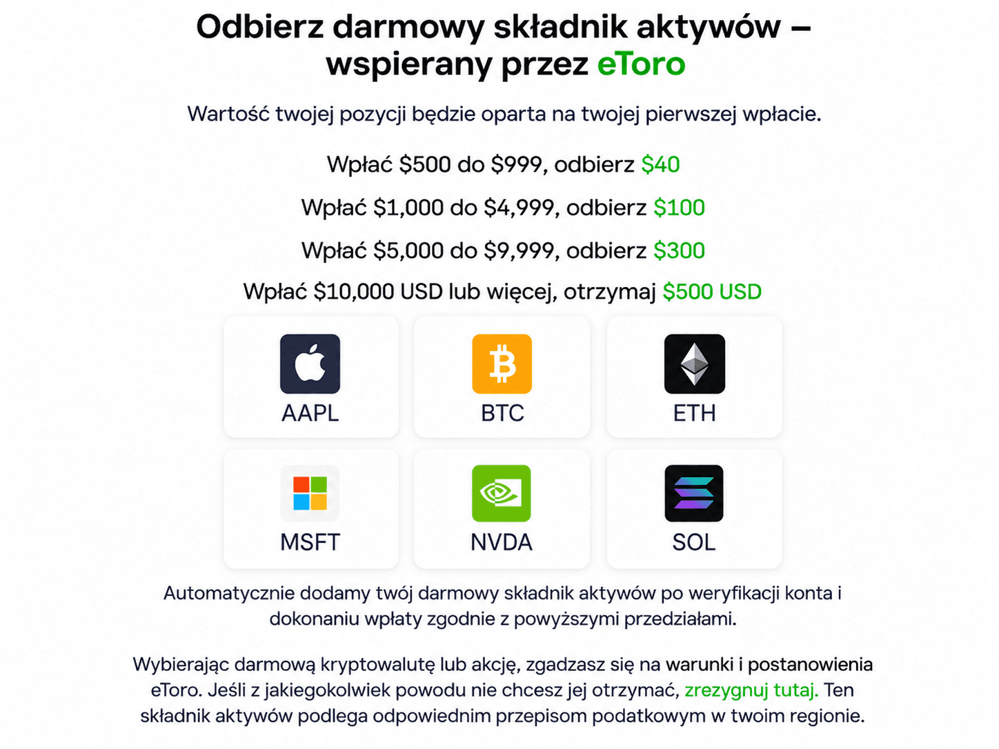 Pop-up eToro — wybór darmowego składnika aktywów (AAPL, BTC, ETH, MSFT, NVDA, SOL)