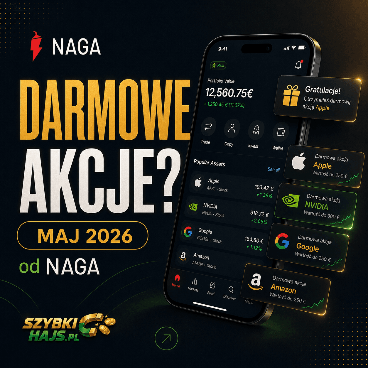 NAGA Spring 2026 — darmowe akcje Apple, Nvidia, Google i 11 innych spółek za wpłatę!